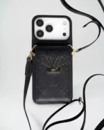Black Louis Vuitton iPhone 17 Pro Max Case With Cardholder – Luxury LV iPhone 17 Pro with Strap