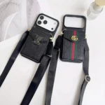 Black Louis Vuitton iPhone 17 Pro Max Case with CardHolder - LV iPhone case with Strap